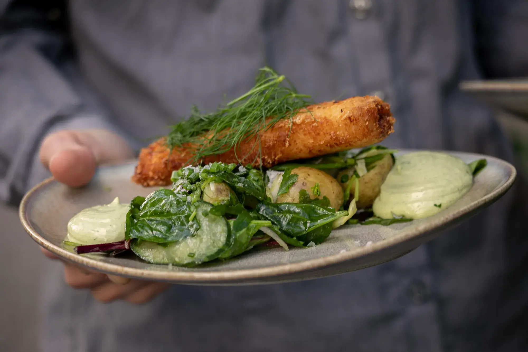 En fiskrätt med gröna blad och potatis på en tallrik