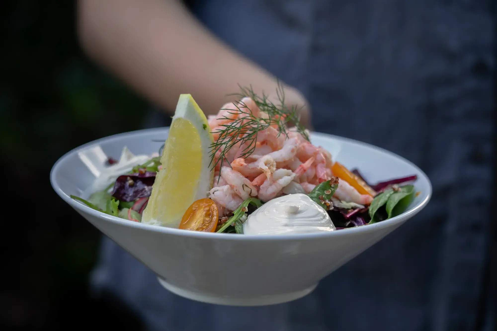 Räksallad med citron och ägg serveras i en skål